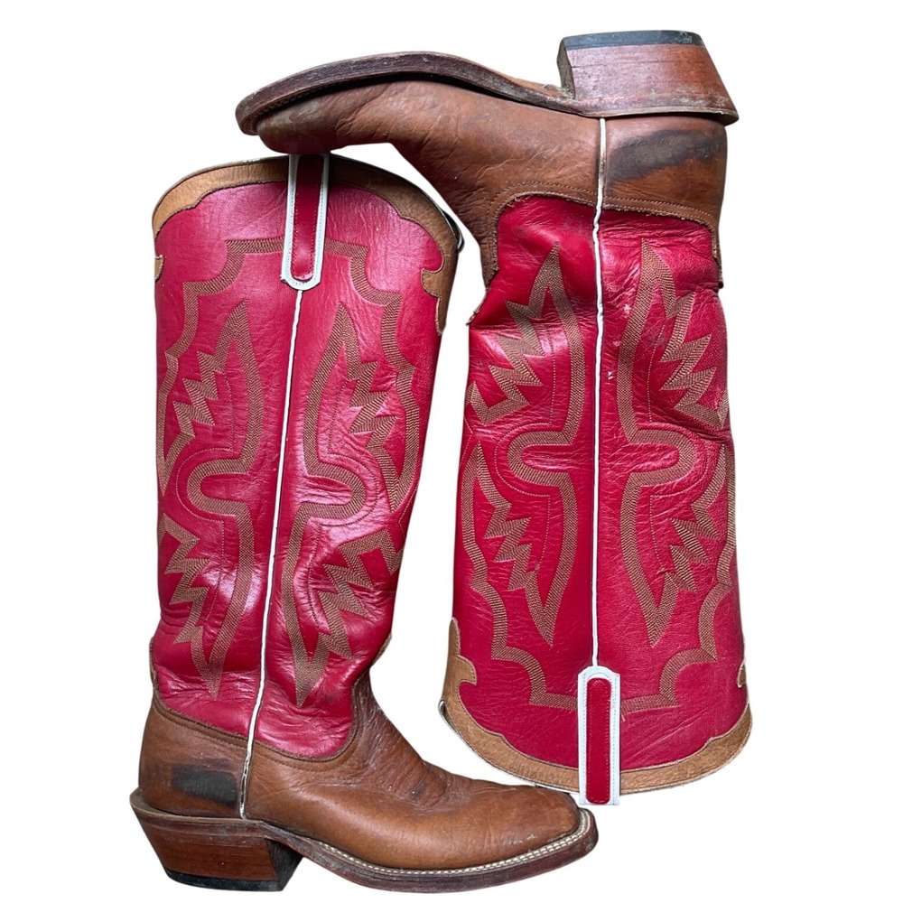 Vintage Anderson Bean Red Leather Western Cowboy Boots Square Toe Sz 7 USA 1582G